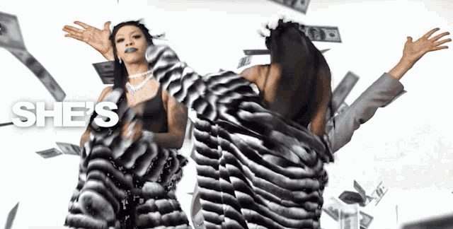 a woman in a fur coat is surrounded by money and the words she 's