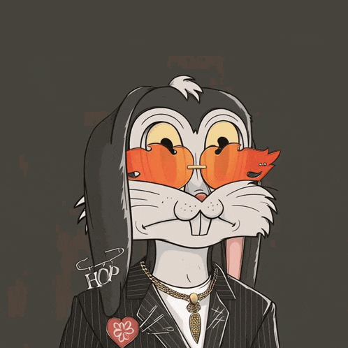 a cartoon rabbit wearing sunglasses and a suit holds a carrot