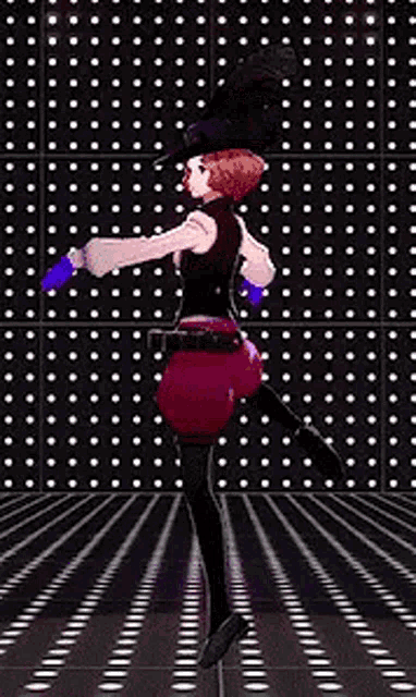 a woman in a hat is dancing in front of a wall of lights .