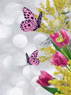 two butterflies are flying over a bunch of pink flowers