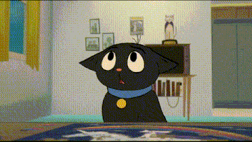 a cartoon of a black cat with a blue collar and a yellow tag