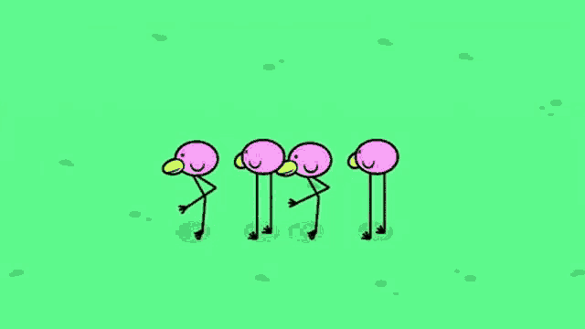 a group of pink birds with yellow beaks are standing next to each other on a green background .