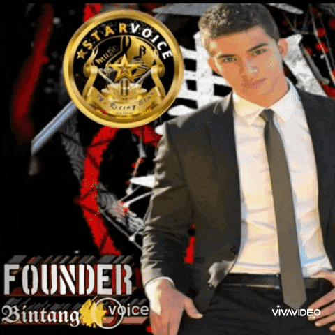 a man in a suit and tie stands in front of a logo for star voice music