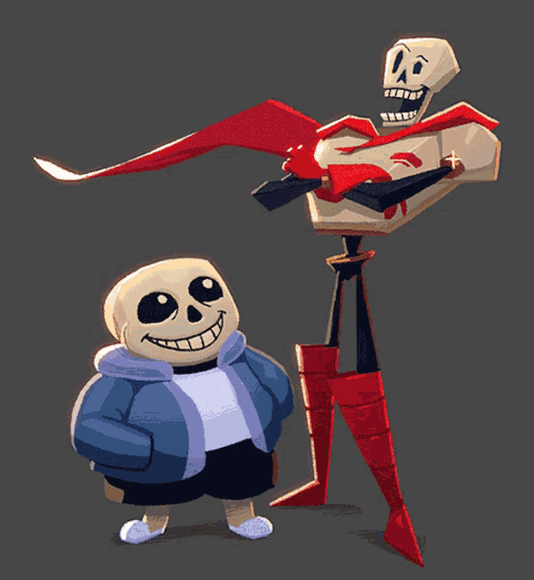 a cartoon drawing of a skeleton and a skeleton with a red cape