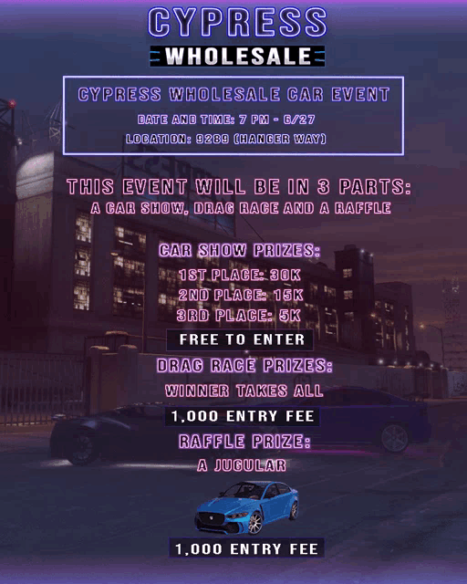 a poster for a cypress wholesale car event with a blue car on it