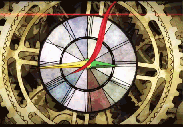 a clock with roman numerals and a red arrow in the center