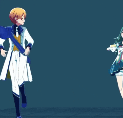 a boy and a girl are standing next to each other on a dark background