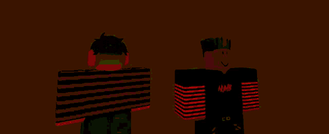 a couple of roblox characters are standing next to each other in a green room .