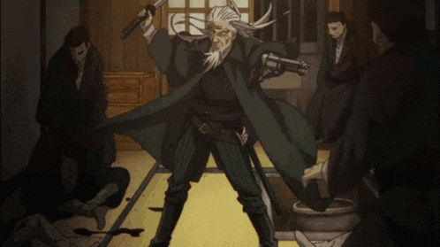 a man in a green coat is holding a sword and a revolver