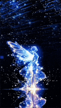 a blue fairy with wings is surrounded by stars on a black background