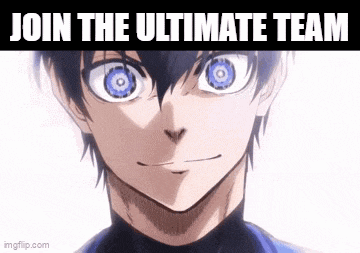 a close up of a person 's face with the words `` join the ultimate team '' above it .