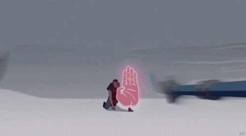 a cartoon of a man kneeling in front of a red hand