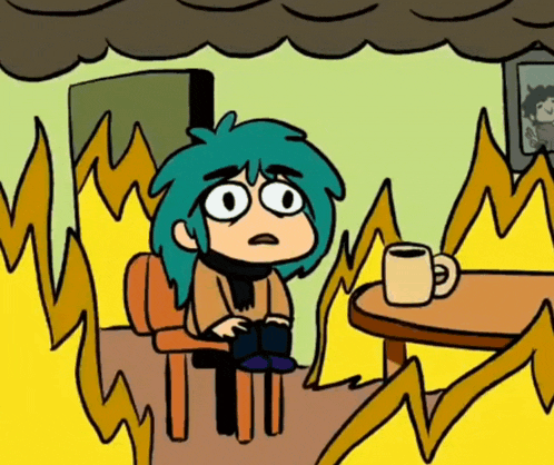a cartoon character is sitting in front of a table with a cup of coffee on it .