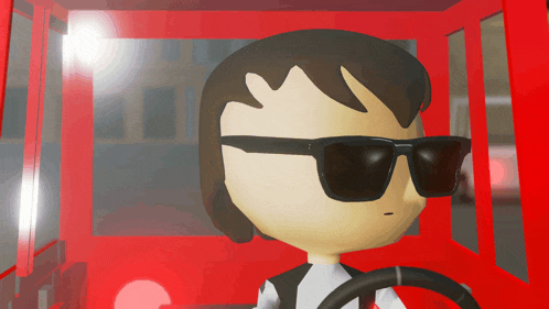 a cartoon character is wearing sunglasses and driving a red car