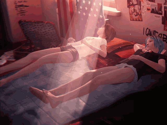 two girls laying on a bed with i can 't see written on the wall behind them