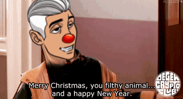 a man with a clown nose says merry christmas and a happy new year