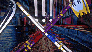 three swords are crossed in front of an exclamation point sign