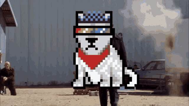 a pixel art of a dog wearing sunglasses and a red bandana