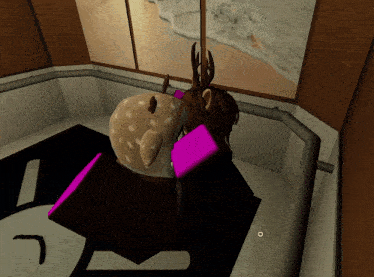 a computer generated image of a person sitting in a chair with a pink pillow