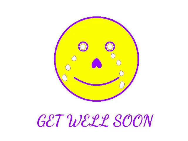a yellow and purple smiley face with tears in its eyes and the words `` get well soon '' .