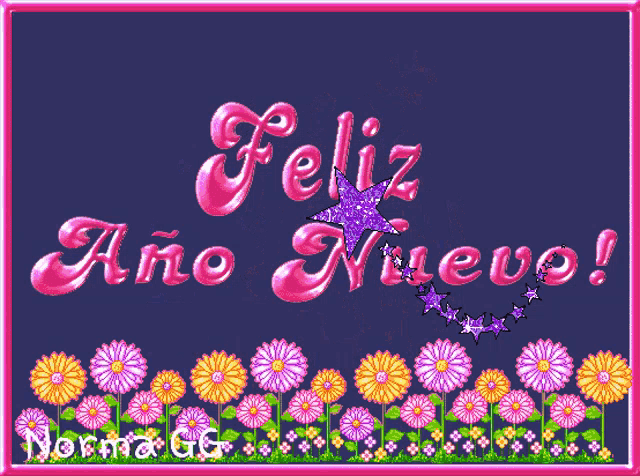 a greeting card that says feliz ano nuevo with flowers in the background