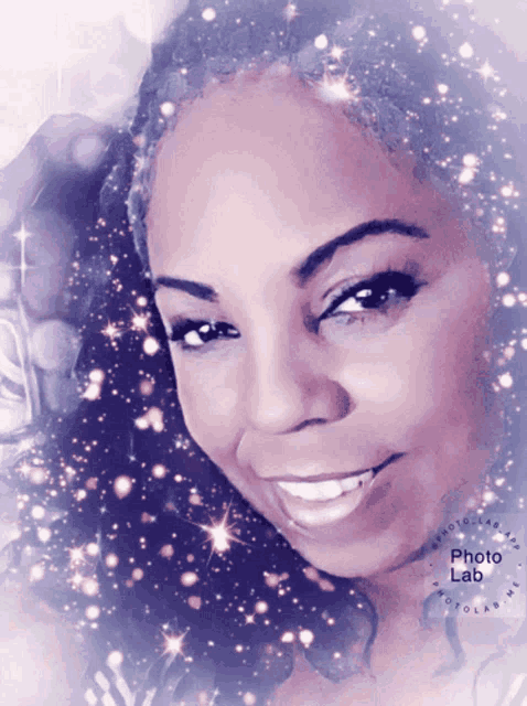 a woman 's face is surrounded by sparks and the words photo lab