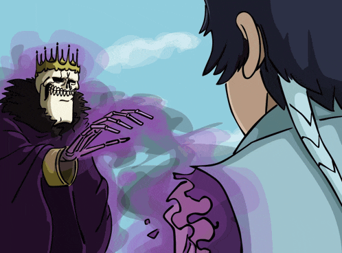 a cartoon of a skeleton with a crown on his head talking to a man