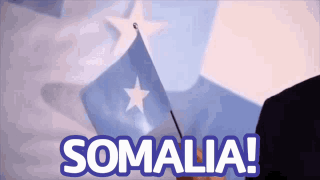 a man holds a small flag in front of a somalia sign