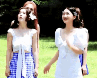 a woman in a white dress is standing next to another woman in a blue plaid skirt .