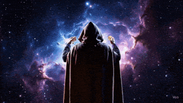 a man in a hooded cape is standing in front of a galaxy with veo written on the bottom