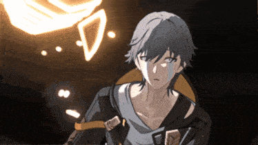 a man with gray hair is standing in front of a glowing triangle