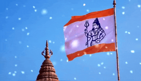 an orange and white flag with a picture of a man holding a trident