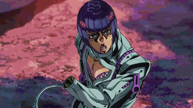 a cartoon character with purple hair and green eyes is standing in the dirt holding a sword .