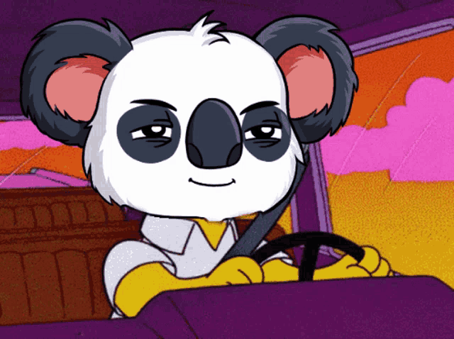 a cartoon koala bear is driving a car with a purple background