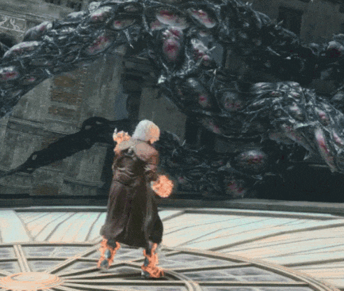 a video game character is standing in front of a huge monster