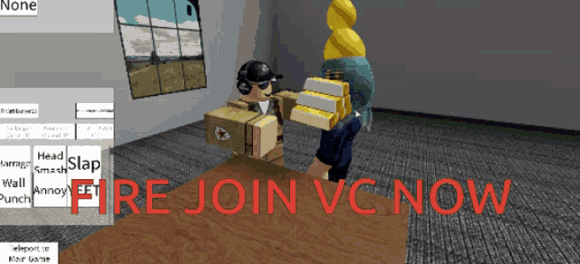 a screen shot of a video game with the words fire join vc now