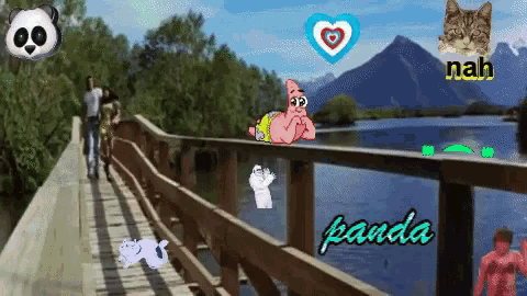 a cartoon of patrick star laying on a wooden bridge with the words panda and nah above him