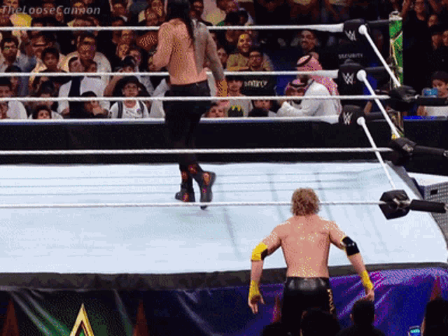 two wrestlers in a wrestling ring with a banner that says the loose cannon in the background