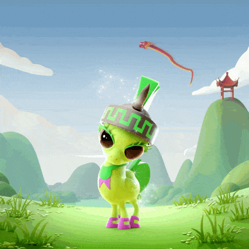 a cartoon character wearing a green hat with the letter n on it stands in a field