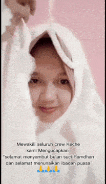 a woman wearing a white hijab is smiling and says mewakili seluruh crew keche kami mengucapkan