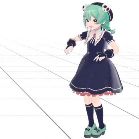 a girl with green hair and frog ears is dancing