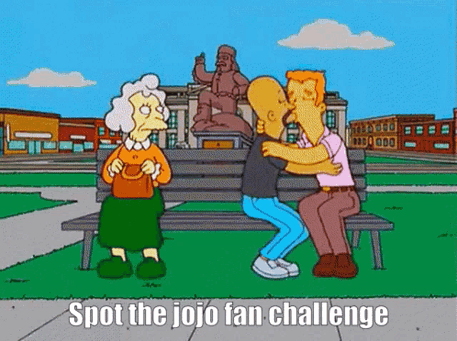 a cartoon of a man kissing another man on a park bench with the caption spot the jojo fan challenge
