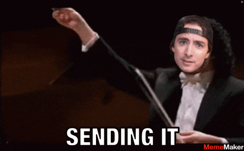 a man in a tuxedo is holding a conductor 's baton and the caption says sending it