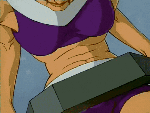 a cartoon drawing of a woman in a purple bikini top