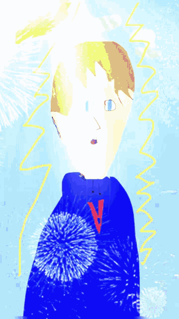 a drawing of a boy in a blue shirt with fireworks in the background