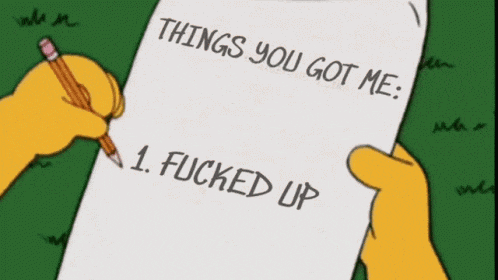 a cartoon hand is holding a piece of paper with things you got me written on it