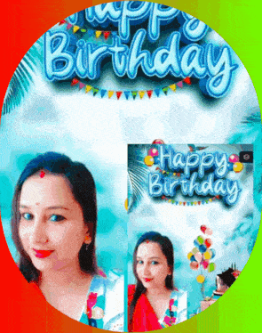 a happy birthday poster with a picture of a woman and balloons