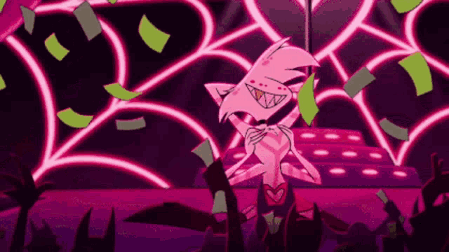 a cartoon character is dancing on a pole with money falling from the sky .