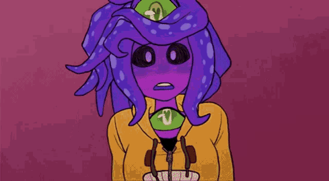 a cartoon character with purple hair and a green heart on her chest .