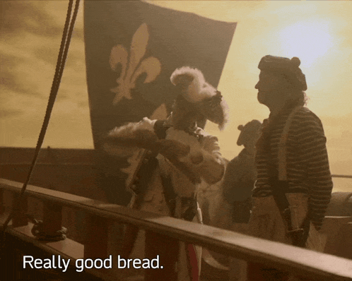 two men standing on a balcony with the words " really good bread " on the bottom